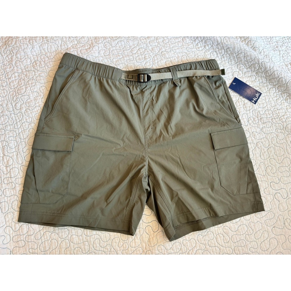 Huk Mens Cargo Fishing Shorts Olive‎ Green XL Elastic Waist Adjustable Belt